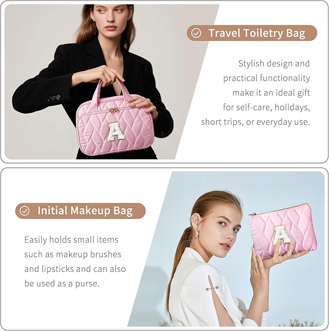 YOOLIFE Hanging Toiletry Bag Makeup Bag for Women Girls, Initial Toiletry Bag Cosmetic Bag, Personalized Birthday Gifts for Women Teen Girls Letter Pink A