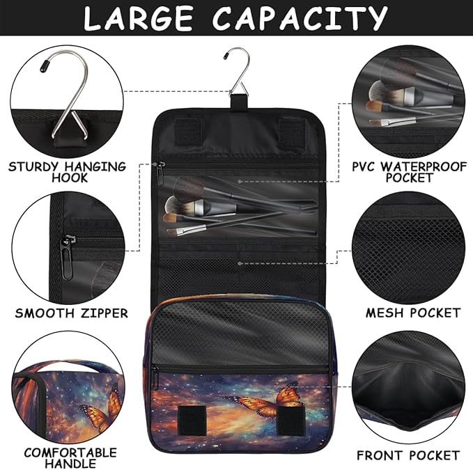 Travel Toiletry Bag for Women & Men Galaxy Animal Colorful Butterfly Hanging Cosmetic Organizer Portable Waterproof Makeup Case Make Up Bag with Compartments Travel Essentials for Bathroom Shower