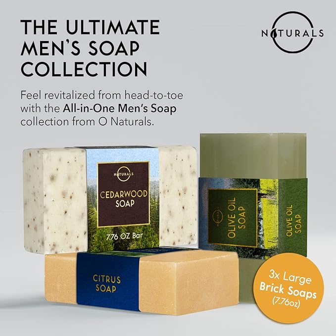O NATURALS Bar Soap for Men - 3-Pcs Mens Soap Bar - Natural Soap - Mens Bar Soap - Men Soap - Natural Soap for Men - Organic Men's Soap Bars - Exfoliating Soap Bar - Citrus, Olive & Cedarwood