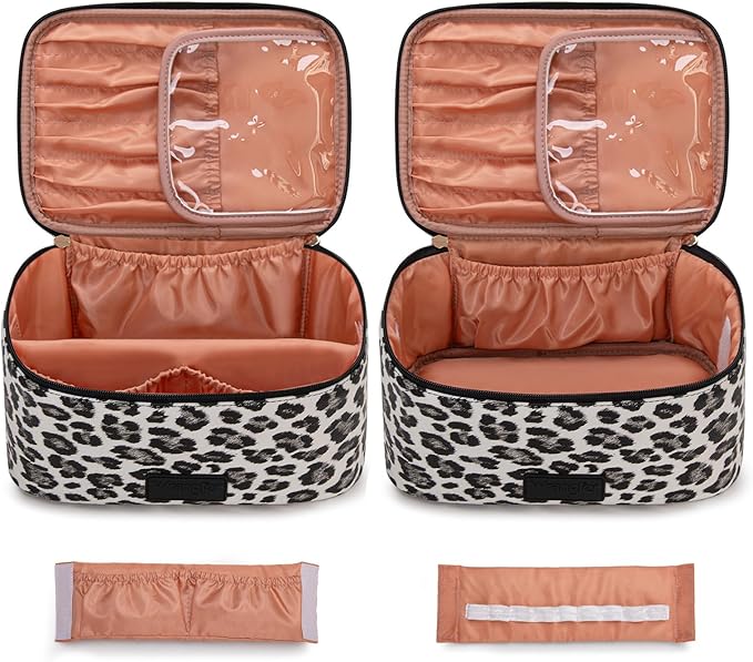 Montana West X Wrangler Travel Makeup Bag 2pcs Set Large Cosmetic Bag with Makeup Brush Holder Portable Make Up Organizer Cute Toiletry Bag with Divider and Handle for Women Leopard