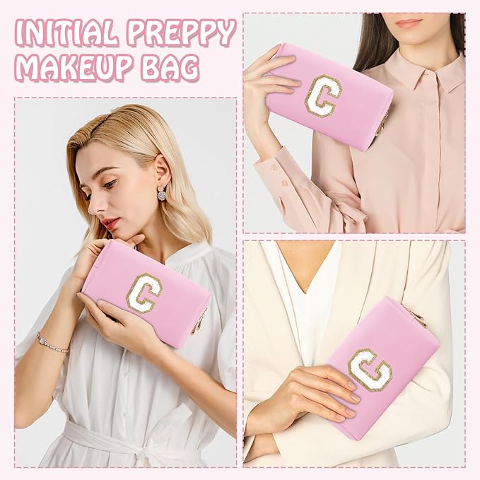 Personalized Initial Preppy Makeup Bag, Small Cute Pink Toiletry Pouch Monogram Cosmetic Travel Organizer with Zipper, PU Waterproof Glitter Make Up Bags Gift for Female Coworker Friends(Letter C)