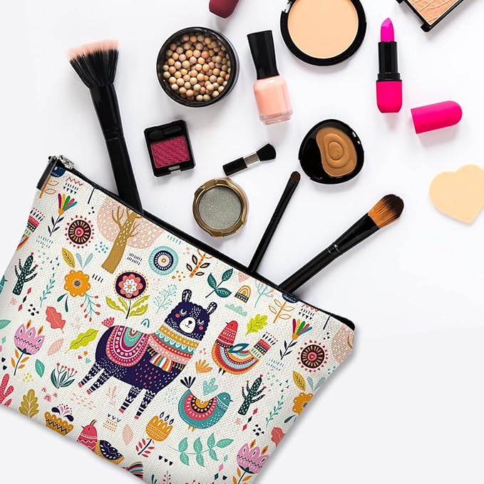Cute Makeup Bag for Purse Canvas Waterproof Funny Cosmetic Bags for Women Zipper Travel Toiletry Pouch-Alpaca Makeup Bags-Creamy
