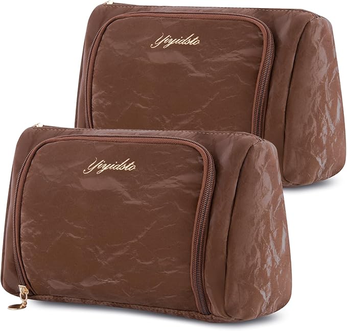 Cosmetic Bag Travel Makeup Bag Large Capacity Small Travel Zipper Pouch Makeup Organizer Bag for Women (Brown-2 Pack)