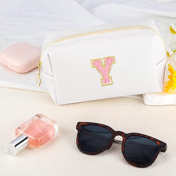 Initial Makeup Bag Personalized Preppy Travel Small Cosmetic Bag Cute PU White Chenille Letter Makeup Pouch for Purse Waterproof Zippered Toiletry Organizer for Women Girls Kids Friends (Y)