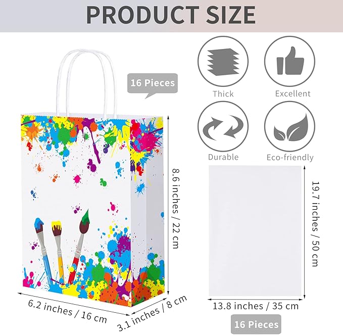 Durony 16-Piece Party Favor Bags with Handles - Tissue Paper Gift Bags for Birthday, Art Themed Party Supplies (8.6 x 6.2 x 3.1 Inches)