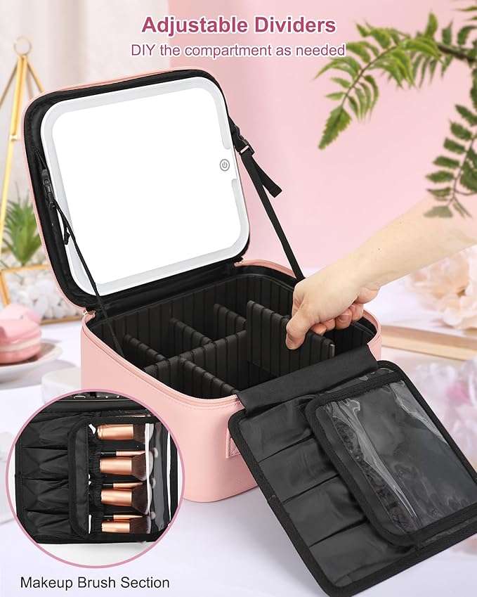 Relavel Initial Makeup Bag with LED Mirror for Women Girls, Personalized Travel Cosmetic Organizer Train Case, Birthday Gifts for Grandkids Bridesmaid Graduation Teacher Friends, Trendy Stuff, Pink W