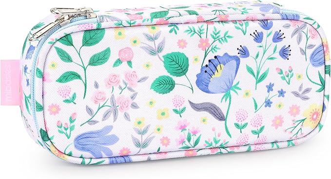 mibasies Girls Pencil Case for Kids, Multi-Slot Pencil Pouch, Floral Sky Blue