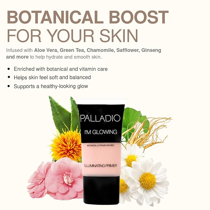 Palladio I'm Glowing Illuminating Primer, Pearly Pink Makeup Primer for Face, Contains Aloe Vera, Grape Seed Oil, Green Tea, Brightens Complexion, Combats Wrinkles, Fine Lines & Pores
