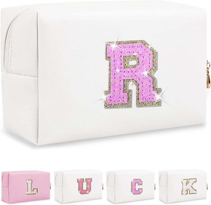 Personalized Initial Letter Makeup Bag, Small Glitter Letter Patch Cosmetic Pouch Zipper, Preppy Makeup Organizer PU Waterproof Travel Toiletry Bag, Monogrammed Birthday Gift for Women Girls