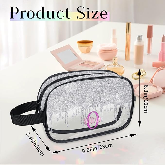 Personalized Name Toiletry Bag, Transparent PVC Large Travel Cosmetic Bag Portable Makeup Organizer Bag for Women Bathroom Shower Essentials, Silver Curtain Glittering