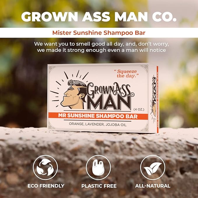 Grown Ass Man Co. - Solid Shampoo Bar Rich Lather 3 in 1: Hair, Beard & Body Wash - Plastic Free & Eco-Friendly, Natural & Organic Clean for All Hair Types, 4oz Bar (Mister Sunshine, 6-Pack)