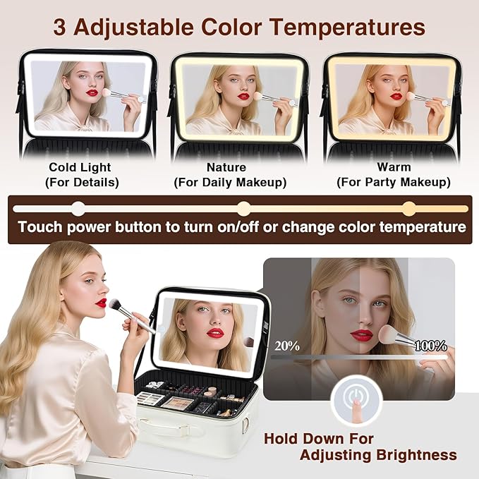 Large Makeup Bag with LED Mirror,Travel Cosmetic Train Case for Makeup Artists,Makeup Organizer Case with Divider Rechargeable Vanity Mirror with 3 Color Lights for Barber,MUA,Nail Tech, Beige