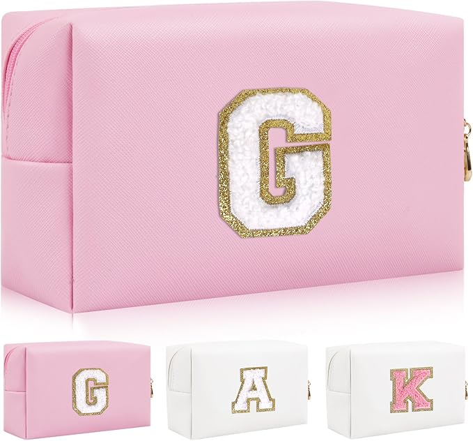 Iqimott Personalized Initial Letter Patch Makeup Bag, Preppy Portable Chenille Letter Cosmetic Bag with Zipper, PU Leather Waterproof Travel Toiletry Bag Monogram Make Up Pouch Girls(Letter G)