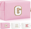 Iqimott Personalized Initial Letter Patch Makeup Bag, Preppy Portable Chenille Letter Cosmetic Bag with Zipper, PU Leather Waterproof Travel Toiletry Bag Monogram Make Up Pouch Girls(Letter G)