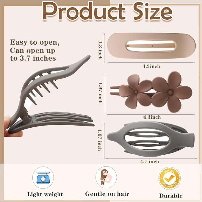 6 PCS Flat Hair Clips, French Lay Flat Claw Clips for Women Girls, 3 Styles Strong Hold Non-slip Matte Hair Claws for Thin Thick Hair(Brown&Grey)