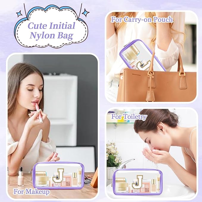 Small Clear Personalized Initial Makeup Bag,Nylon Preppy A-Z Chenille Letter Patch Cosmetic Pouch Beach Toiletry Bag,Waterproof Zip Travel Purse Storage Bag Organizer for Women Girls(Purple-White J)