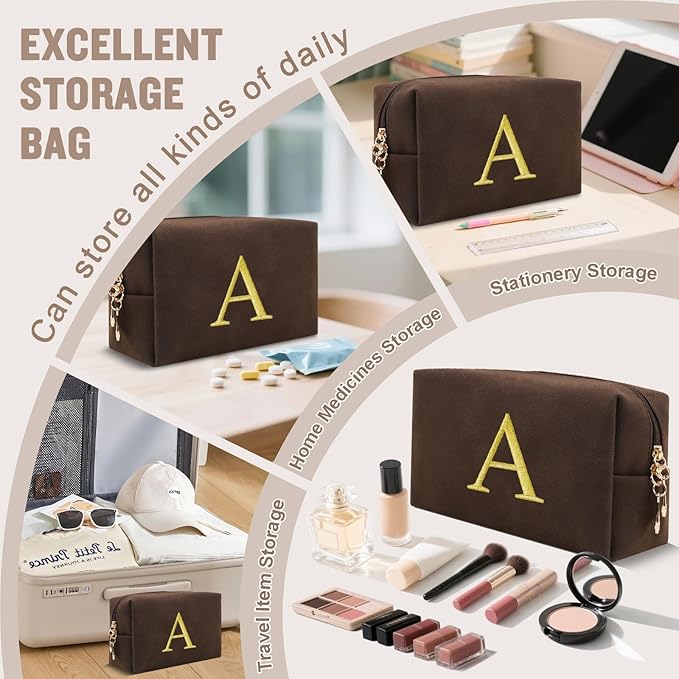 Personalized Initial Makeup Bag,Preppy Suede Cosmetic Bag for Teen Girls,Small Monogram Travel Toiletry Bag With Gold Embroidered Letter,Trendy Stuff Custom Christmas Gift for Women(Coffee-A)