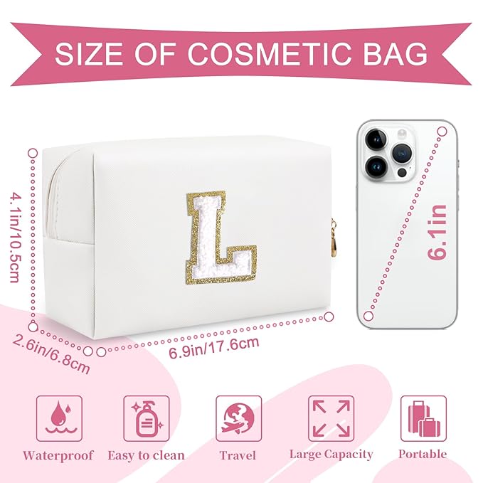 Small Personalized Initial A-Z Preppy Patch Makeup Bag,White PU Chenille Letter Travel Cosmetic Pouch with Zipper,Cute Toiletry Bag,Gift Ideal for Teen Girls Women Teacher Bridesmaid,Letter L