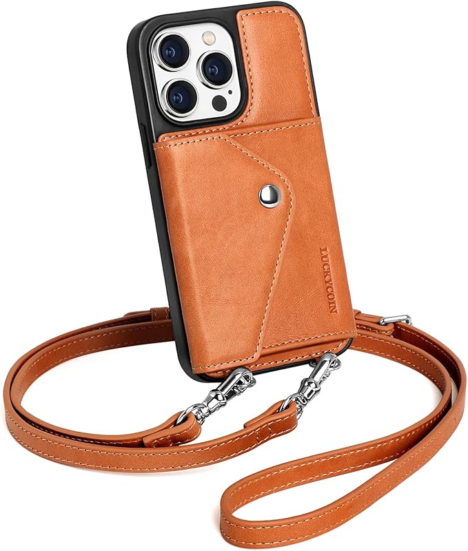 LUCKYCOIN Crossbody Wallet Phone Case for iPhone 14 Pro,100% Genuine Leather Wallet Phone Case with Expandable Flip Card Holder,Phone Purse for Women with Adjustable Removable Strap - Brown
