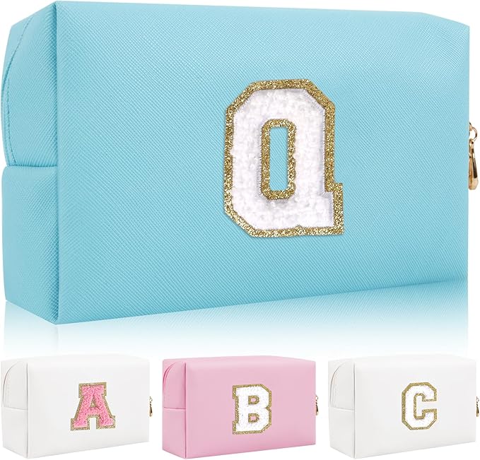 Personalized Initial Letter Patch Makeup Bag, Preppy Portable Chenille Cosmetic Bag with Zipper, PU Leather Waterproof Travel Toiletry Bag Monogram Make Up Pouch for Women Girls