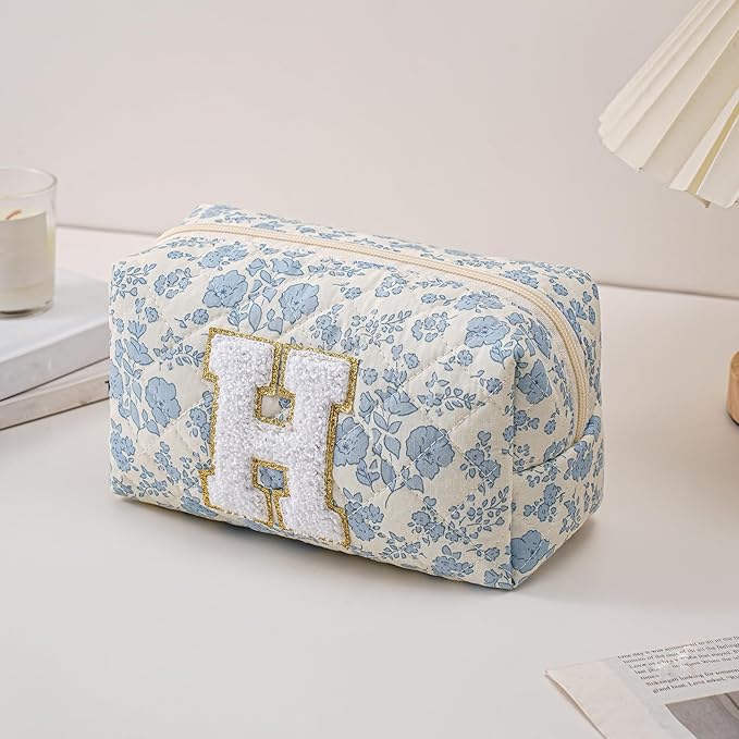 JOVAKIT Alphabet Makeup Bag Cosmetic Bag for Women, Christmas Gifts for Girls Age 6-18, Floral Flowers Coquette Travel Toiletry Zipper Make Up Pouch Organizer Trendy Stuff (2Pcs Blue Floral H)