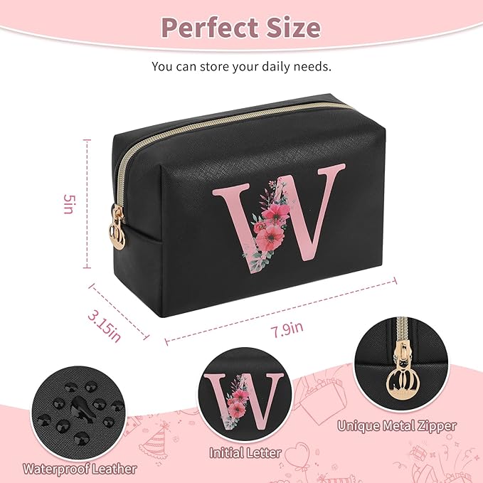 Personalized Initial Makeup Bag, Birthday Gifts for Women and Girls, Small Makeup Pouch Travel Toiletry Bag, Make Up Organizer Bag Gift Trendy Stuff for Friend Mom Teacher, Black