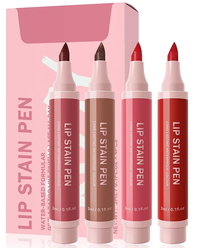Lip Stain Liner Pen Set-4 Pcs Hydrating Lip Stain Lip Liner Pencil Kit,Longlasting Waterproof Smudgeproof Matte Color Look,Precise Chisel Tip Smooth,Christmas Makeup Gift Kit for Women Girl