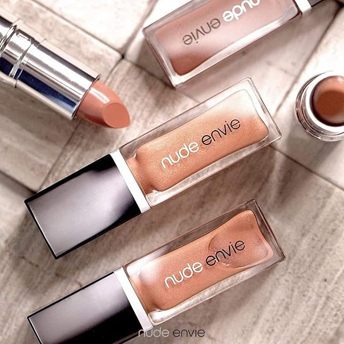 nude envie Lip Gloss - Certified Vegan Lipgloss Cruelty-Free and Paraben Free - Enriched Peptides, Vitamin E and Jojoba Oil (Whisper)