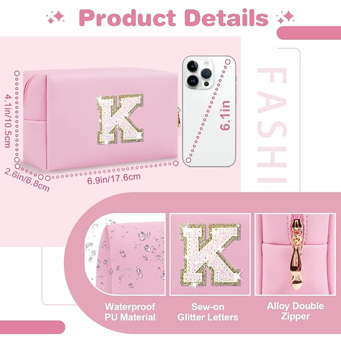 Small Personalized Initial A-Z Patch Makeup Bag,Pink Cute PU Leather Glitter Letter Cosmetic Bag for Teen Girls,Travel Toiletry Bag with Zipper,Preppy Monogrammed Birthday Gift for Daughter Niece K