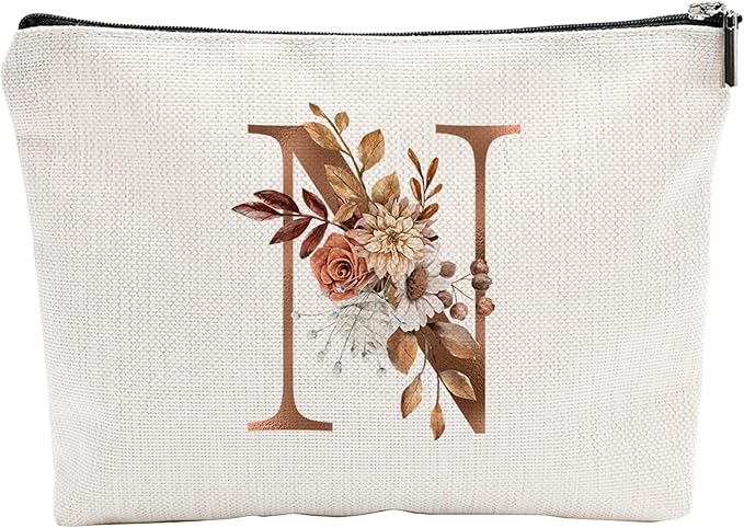 A-Z Boho Personalized Cosmetic Bag-Floral Cotton Letter Makeup Bag With Zipper-Artistic Cosmetic Bag For Travel-Bride,Birthday Gift For Women Daughter Friends-Women Makeup Organizer-A14