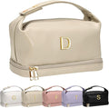 Personalized Makeup Bag, Initial Double Layer Cosmetic Bag with Makeup Brush Organizer, Waterproof, Large Capacity PU Leather Travel Toiletry Bag Retirement Gifts, Daughter Gifts