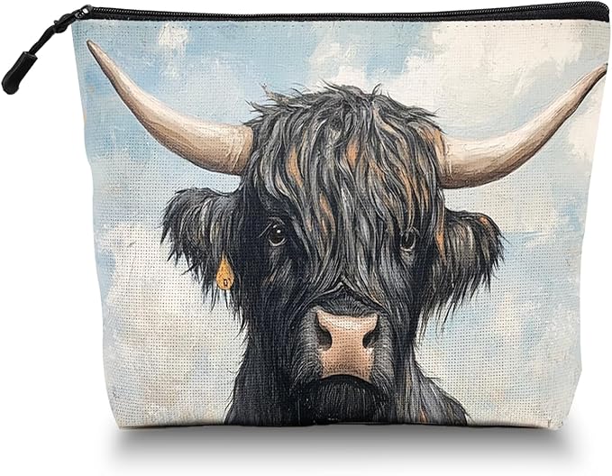Cosmetic Bags Travel Makeup Toilet Case Waterproof Pouch for Women Girls 6.7X9.45inches - Black Yak With Large Horns in A Flower - Filled Meadow