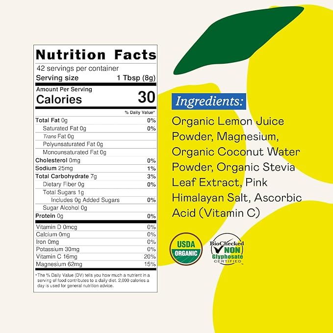 GOODONYA Organic Hydration Electrolyte Drink Mix, Certified Organic Hydration Powder, Non-GMO, Biochecked Glyphosate Free, Low Sugar, Lemonade Flavor, No Artificial Flavors, 42 Servings
