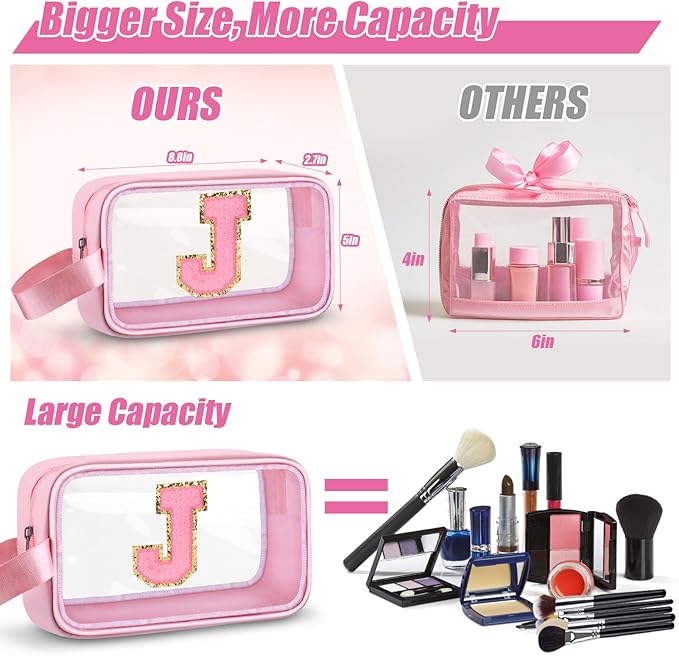 Initial Makeup Bag,Letter J Cute Clear Monogrammed Cosmetic Travel Bag for Womens Girls,Personalized Pink Aesthetic Traveling Make Up Organizer Bag for Beach,Waterproof Toiletry Bag