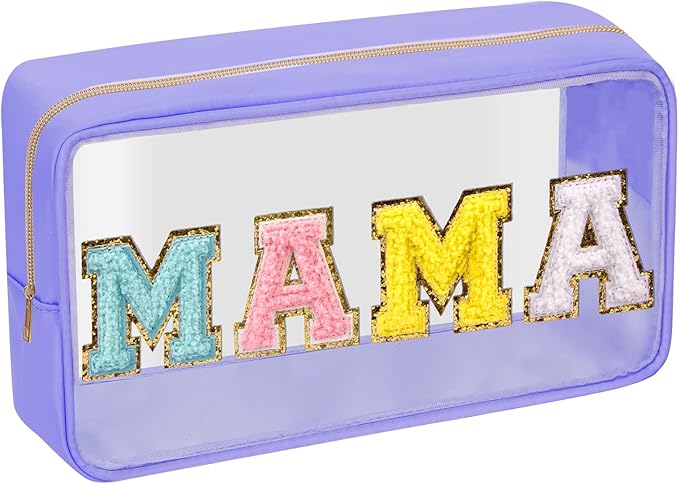 Iqimott Clear Patch Makeup Bag Mama Pouch, Preppy Personalized Chenille Letter Cosmetic Pouch for Travel, Nylon Waterproof Travel Essentials Zipper Toiletry Bags for Women Girls(MAMA, Purple)