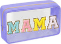 Iqimott Clear Patch Makeup Bag Mama Pouch, Preppy Personalized Chenille Letter Cosmetic Pouch for Travel, Nylon Waterproof Travel Essentials Zipper Toiletry Bags for Women Girls(MAMA, Purple)