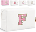 Glitter Initial Letter Makeup Bag, Small Personalized Sequins Letters PU Leather Cosmetic Bag Portable Waterproof Makeup Zipper Pouch, Shine Handbag Organizer Travel Bag Gifts for Women&Girls(White-F)