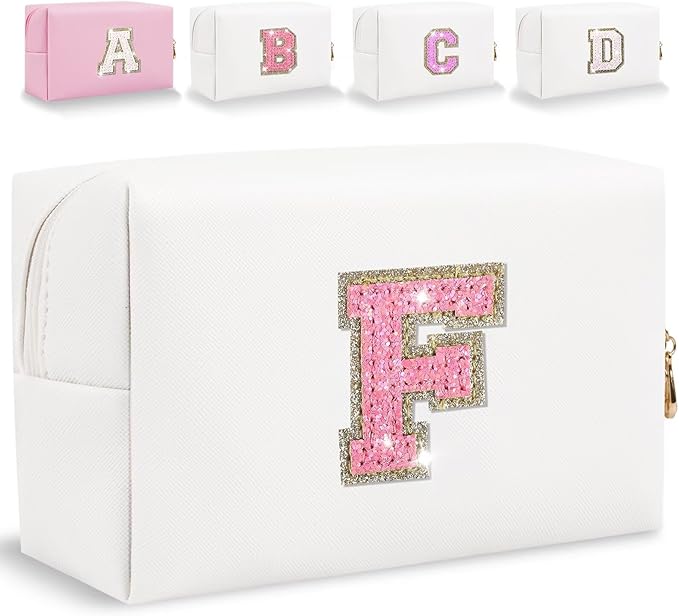 Glitter Initial Letter Makeup Bag, Small Personalized Sequins Letters PU Leather Cosmetic Bag Portable Waterproof Makeup Zipper Pouch, Shine Handbag Organizer Travel Bag Gifts for Women&Girls(White-F)