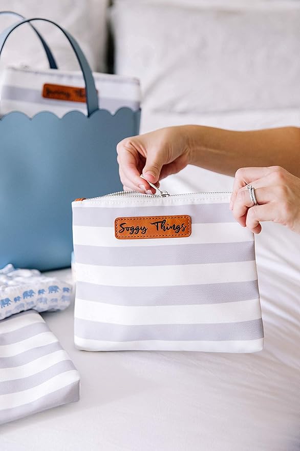 Stylish Diaper Bag Organizing Pouches - XL Set of 4 Gray and White Striped Canvas Diaper Bag Pouches with Leather Embossed Labels, Leather Wristlet Strap & Durable Metal Zippers