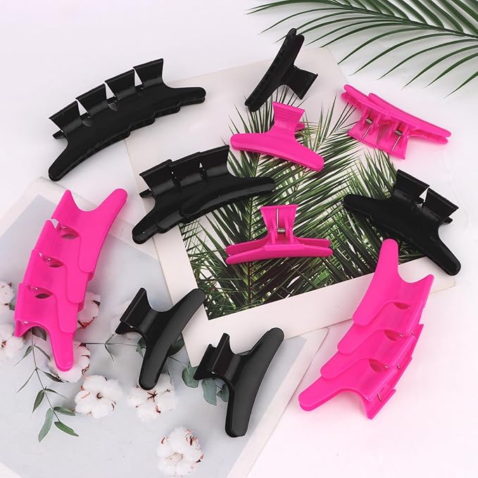 Ondder 24 Pcs Black and Hot Pink Butterfly Hair Clips for Styling and Sectioning - Pro Claws Clamps for Cutting, Coloring - Hair Accessories for Women Girls