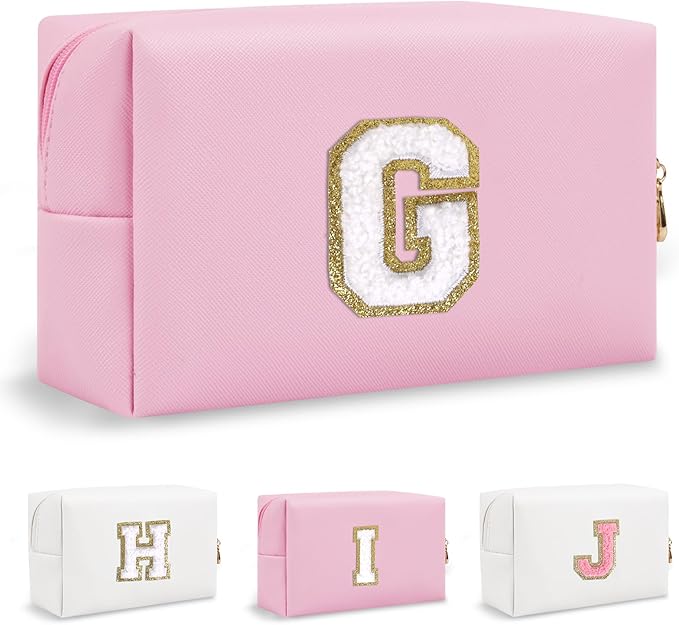 Personalized Initial Preppy Makeup Bag Organizer, Small Travel Cute Pink Cosmetic Bag Toiletry Zipper Pouch, Waterproof PU Leather Monogram Makeup Case Graduation Gift for Teacher Friends(Letter G)