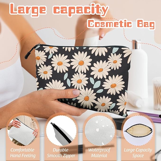 Cosmetic Bags Travel Makeup Toilet Case Waterproof Pouch for Women Girls 6.7X9.45inches - Daisy Pattern With Light Blue Leaves on Black
