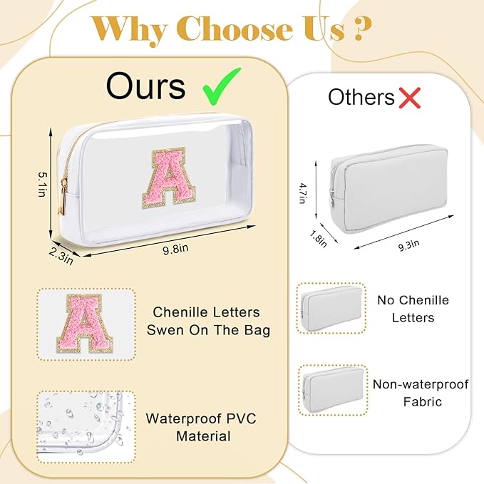 Personalized Initial Letter Clear Makeup Bag,Preppy Small Nylon&PVC Cosmetic Zipper Bag with Chenille Letter,Travel Skincare Toiletry Bag,Monogram Christmas Gift for Teen Girls Women,C