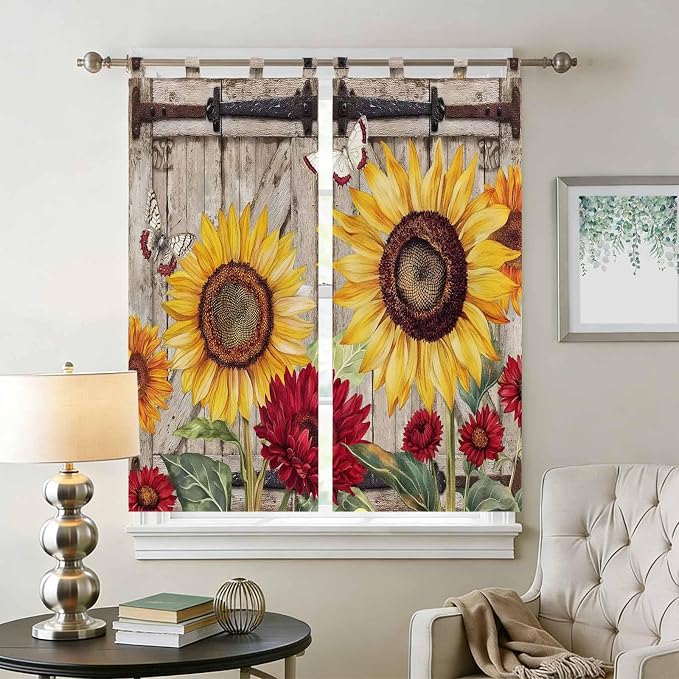 Sunflowers Bedroom Curtains 72 Inch Length, Window Curtains Tab Top, Retro - Image 2