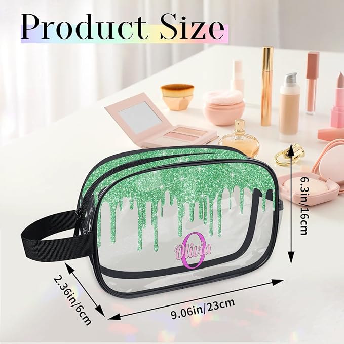 Personalized Name Toiletry Bag, Transparent PVC Large Travel Cosmetic Bag Portable Makeup Organizer Bag for Women Bathroom Shower Essentials, Water Flow Shape Lime Green Glitters