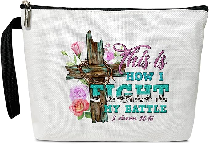 Christian Cosmetic Bag for Women, Floral Cross Makeup Bag Gifts for Friend Mother Coworker Travel Essentials Purse Toiletry Pouch Cosmetic Bag with Zipper(This is How I Fight my battle)