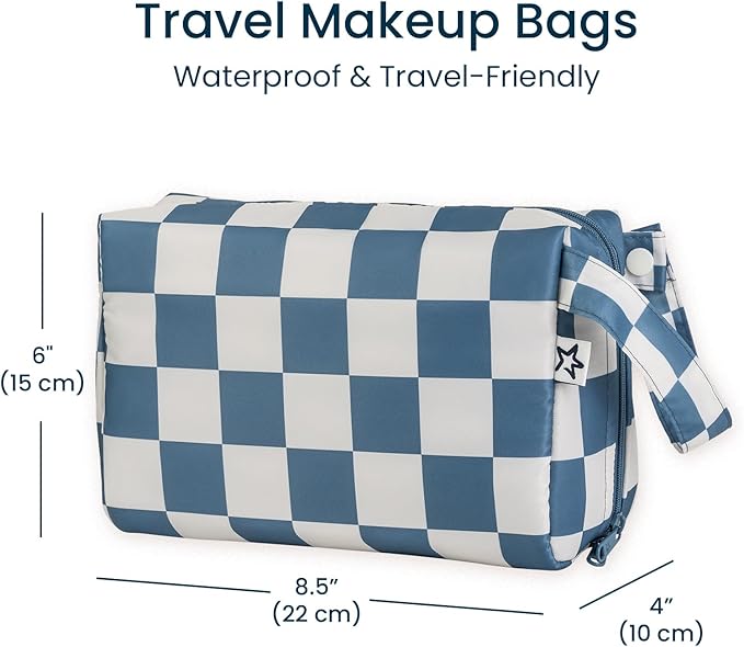 Tiny Twinkle Waterproof Travel Toiletry & Makeup Bag Organizer | Large Capacity Cosmetic Case with Compartments & Handle, A Thoughtful Travel Companion for Women（Blue Checkers