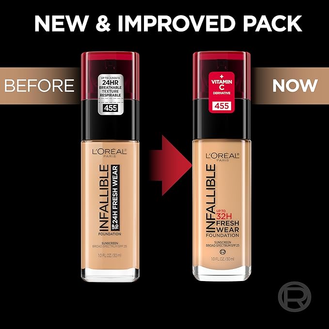 L'Oreal Paris Makeup Infallible Up to 32 Hour Fresh Wear Lightweight Foundation, 455 Natural Buff, 1 Fl Oz, Packaging May Vary