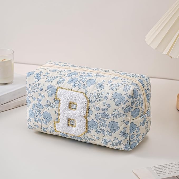 JOVAKIT Makeup Bag Cosmetic Bags for Women, Christmas Gifts for Girls Age 6-18, Alphabet Pink Floral Coquette Zipper Travel Makeup Pouch, Organizer Case Trendy Stuff (Pink+ Blue B)