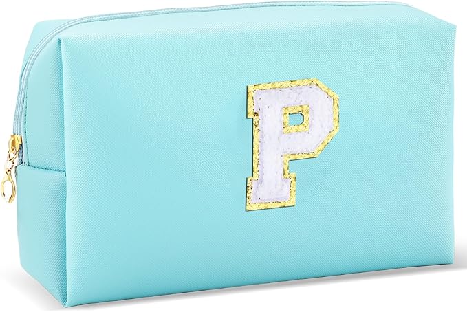 Gifts for Girls Initial Makeup Bag Personalized Cosmetic Bag with Zipper Cute Travel Toiletry Bag Waterproof PU Preppy Makeup Pouch Birthday Gift for Teen Girls Women(Blue P)
